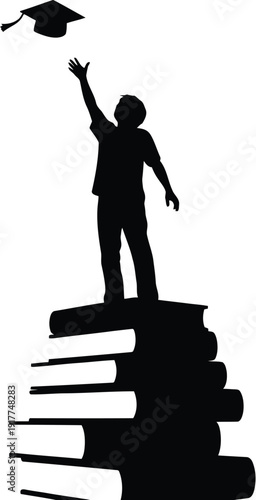 Photos Silhouette of person reaching for graduation cap atop stack of books, symbolizin