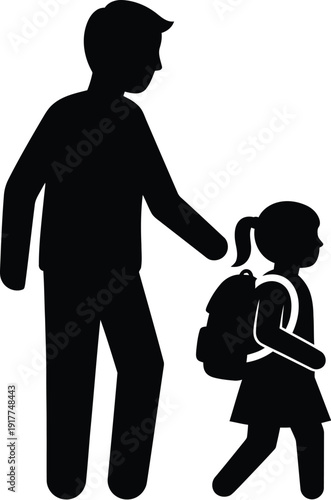 Man escorting little girl with backpack walking to primary school together in side view silhouette