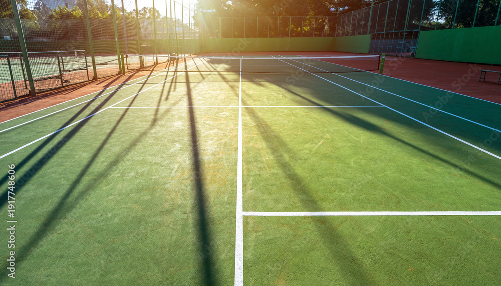 Obraz premium Empty tennis court with shadows and sunlight during late afternoon.