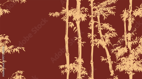 Vertical bamboo stems and leaves, hand-drawn aesthetic, pattern texture vector illustration