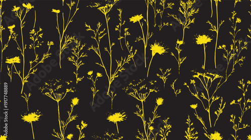 Delicate wildflowers and grasses, fine line art style, hand-drawn aesthetic, pattern texture vector illustration