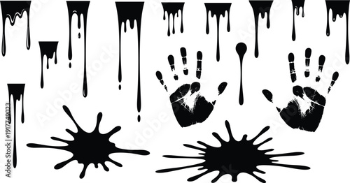 Black ink splatter and dripping paint with handprint silhouettes, grunge horror texture vector illustration isolated on white background