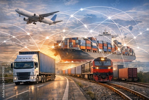 Cargo transportation scene featuring a truck, train, and cargo ship with an airplane overhead, illustrating logistics and customs operations in a dynamic environment