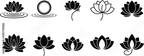 Black lotus flower icon set with water ripple yoga symbol collection vector illustration isolated on white background