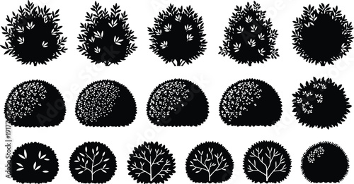 Bush and shrub silhouette collection with round garden plants, black botanical hedge vector illustration isolated on white background