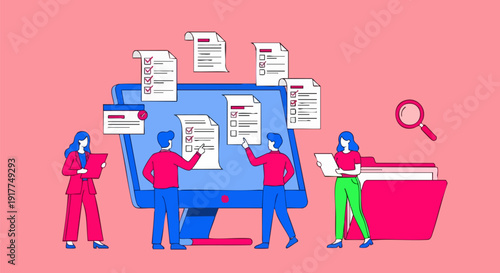 Document management and data organization vector illustration. People interacting with a computer screen displaying multiple digital documents, checklists