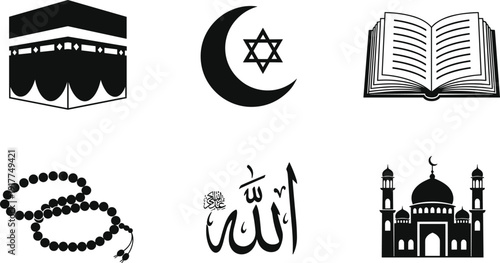 Islamic religious symbols set including Kaaba crescent Quran tasbih Allah calligraphy and mosque silhouette vector illustration isolated