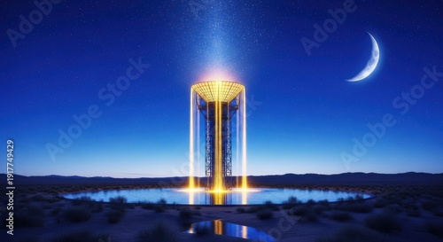 Illuminated tower standing tall under the night sky with a crescent moon