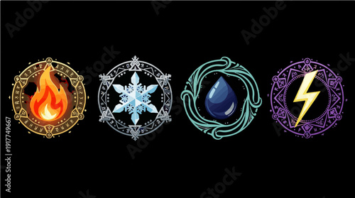 Elemental Icons Set Vector SVG — Fire Ice Water Lightning Magic Circles, Fantasy Game UI, RPG Symbols with Runes and Mystical Ornament