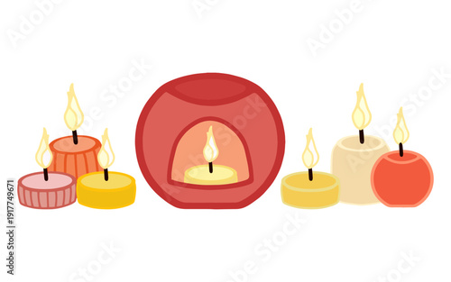 Vector illustration of aroma lamp and multi-colored lit candles. Основные RGB