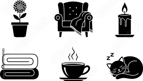 Cozy home icons: potted plant, armchair, candle, towels, coffee, sleeping cat