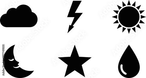 Collection of weather and celestial body icons on a white background