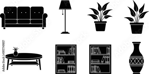 Collection of black silhouette icons representing home furniture and decor items