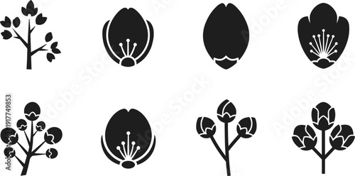 Collection of stylized floral icons representing buds and blooming flowers in silhouette