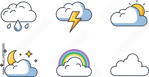 Collection of stylized weather icons including rain, lightning, sun, moon, and rainbow