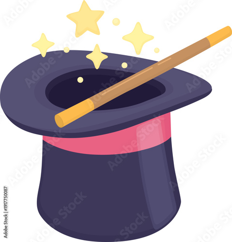 Magician’s hat with sparkling stars and magical effects flying out. Circus or magic show elements isolated on white background