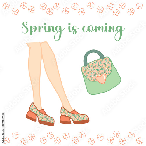 Vector poster "Spring is coming". Women's legs in light spring shoes and a handbag with a spring print. Основные RGB