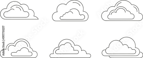 Set of six simple line art cloud icons on a white background for design