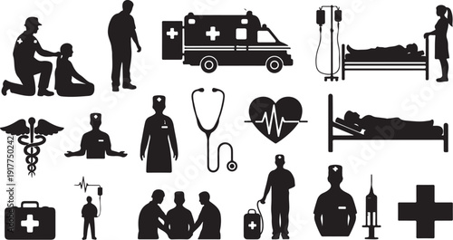 Medical icons and healthcare symbols in black silhouette style