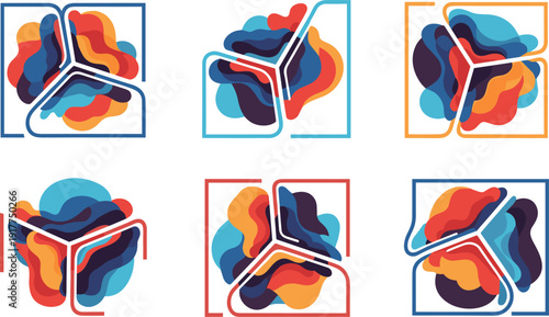 Abstract organic shapes in geometric frames, diverse color palettes and compositions