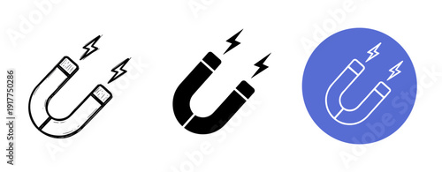 Triple magnet icons with lightning symbols in different styles and colors