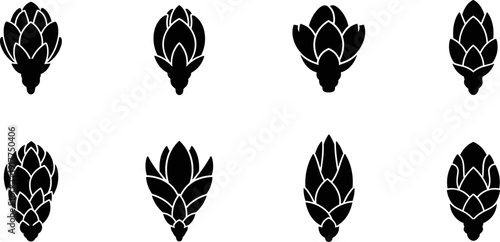 Collection of eight black hop cone icons on a white background