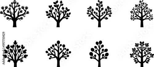 Collection of eight stylized black tree icons with varied foliage and branch structures