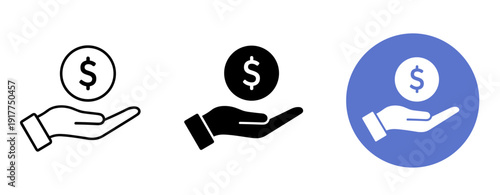 Dollar coin in hand icons: monochrome and blue variations for finance