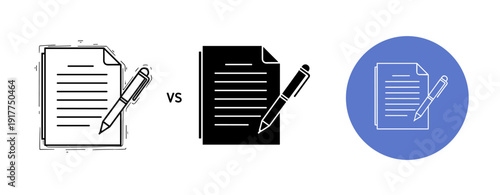 Icon comparison of document with pen: line art, solid, and circle design