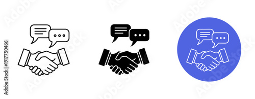 Handshake icons with chat bubbles in different styles on white background