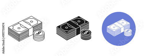 Isometric icons of stacks of cash and coins with different styles