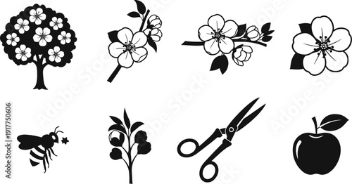 Collection of black and white icons representing nature, gardening, and fruit production