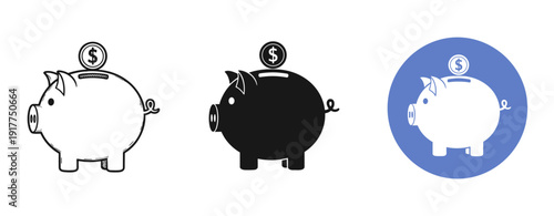 Piggy bank icons with coin symbols in black, white, and blue variations