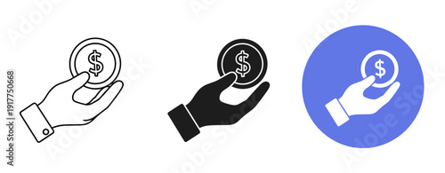 Monochrome and color icons of hand holding dollar coin