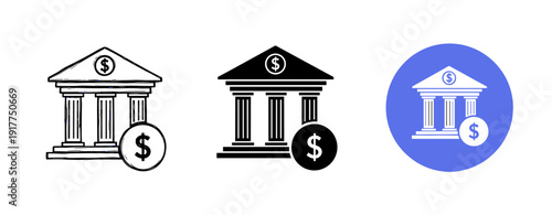 Bank icon set with dollar symbol - monochrome and blue variants