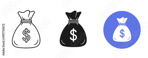 Three money bag icons: black and white outlines with blue highlighted symbol