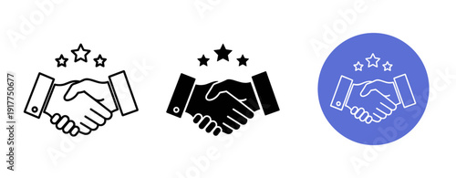 Handshake icon variations with stars in black and blue backgrounds