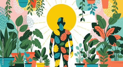 Stylized vector illustration of a person surrounded by various potted plants and a bright sun. The figure is filled with a colorful leaf pattern, symbolizing connection to nature and well-being.