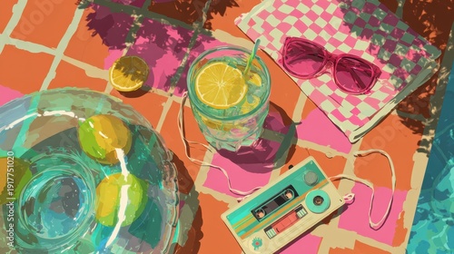 Summer poolside scene with refreshing lemonade and retro cassette