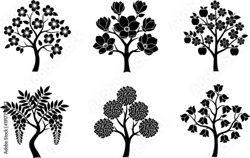 Collection of six stylized black trees with flowers, fruits, and leaves on white background