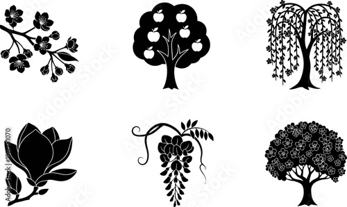 Collection of six stylized black and white tree and flower silhouette icons