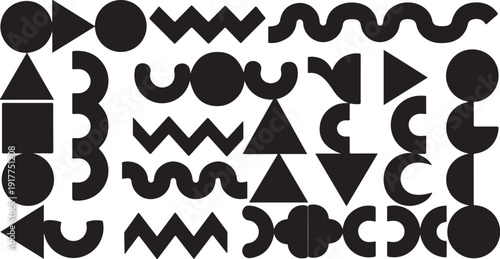 Geometric shapes and symbols in black and white pattern