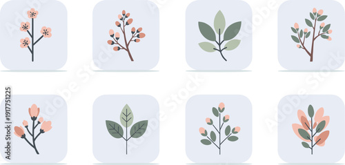 Collection of stylized botanical icons featuring branches with buds and leaves