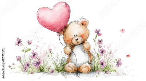 Cute teddy bear holding heart balloon among flowers