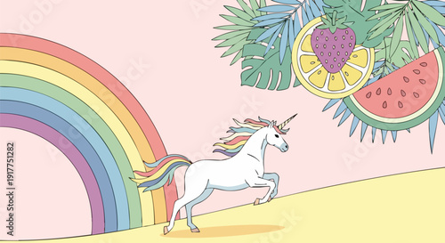 Magical unicorn vector illustration with rainbow and tropical fruits. A white unicorn with a rainbow mane and tail runs up a yellow hill towards a pastel rainbow