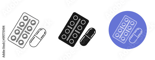 Medicine icon set: line, solid, colored versions of blister pack and capsule