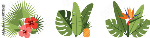 Tropical foliage and flowers with pineapple and bird of paradise illustration