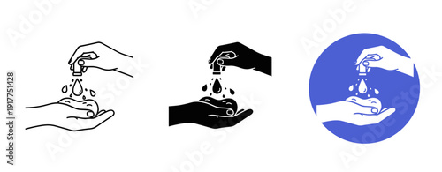 Hand sanitizer application icons in black and white with blue variant for hygiene awareness