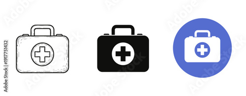 Set of first aid kit icons in various styles and colors