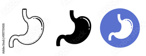 Set of stomach icons in sketch, solid, and blue background styles